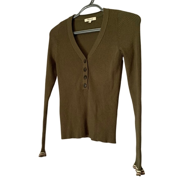 Madewell Olive Green Ribbed Henley Sweater Long Sleeve Button Front Knit Top - Picture 3 of 7